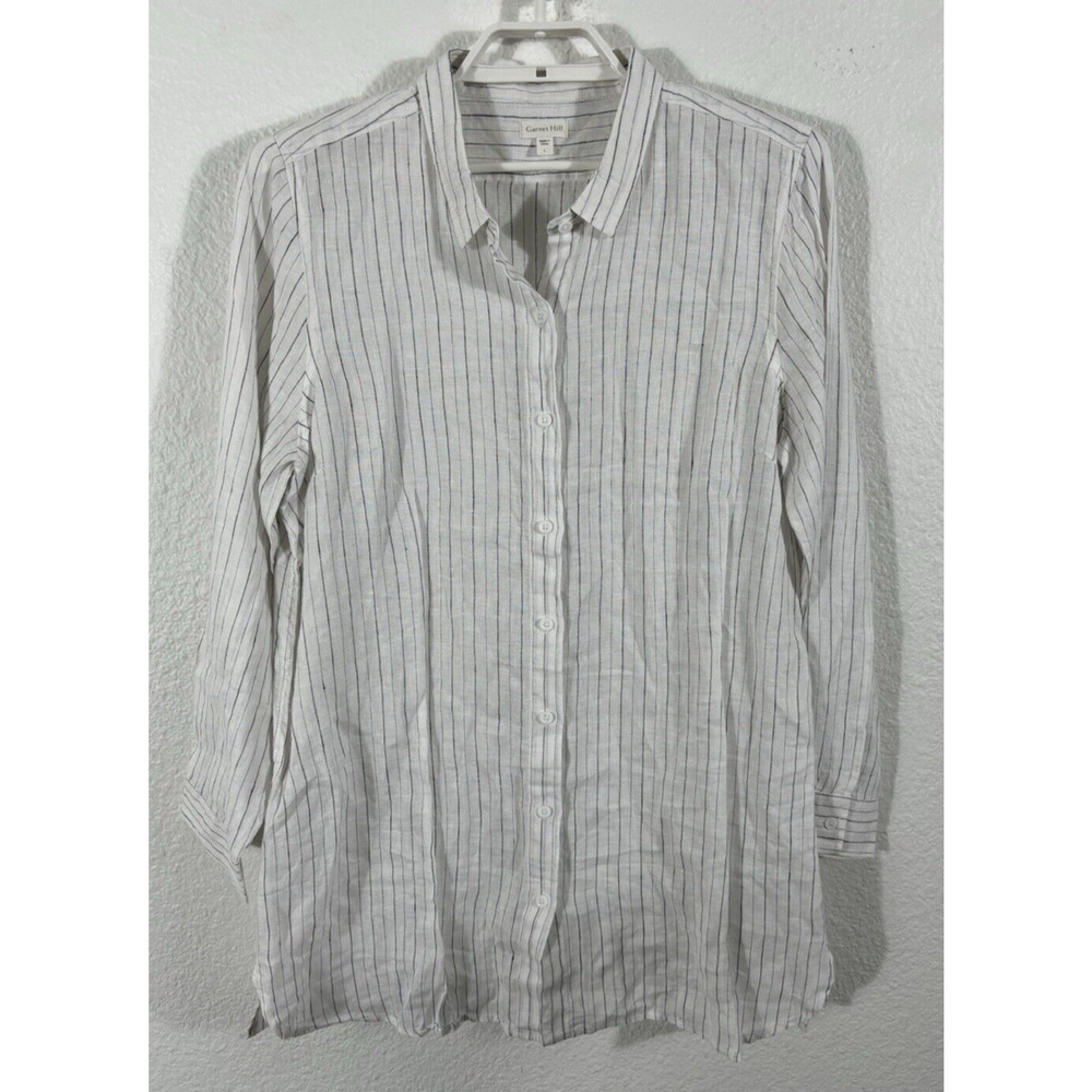 Garnet Hill Tunic Womens Large White Striped Long Sleeve Button Up Linen